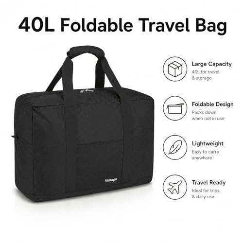 Foldable Travel Duffle Bag with Trolley Sleeve 40L Capacity, Lightweight Packable Travel Duffel Bags with the Keyhole Zipper, Weekender Overnight Nylon Carry on Bag for Men & Women, Black - color: Black