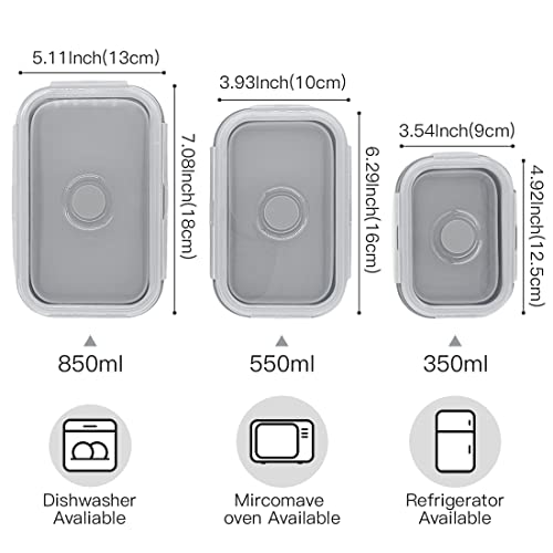 Collapsible Silicone Lunch Bento Box, Portable Food Storage Container Outdoor Picnic Box Space Saving, Microwave, Dishwasher and Freezer Safe, 3 Pcs Set (Grey) - color: Gray
