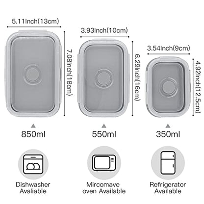 Collapsible Silicone Lunch Bento Box, Portable Food Storage Container Outdoor Picnic Box Space Saving, Microwave, Dishwasher and Freezer Safe, 3 Pcs Set (Grey) - color: Gray