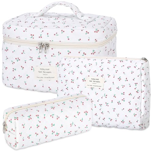 senbowe Floral Cherry Makeup Bag, 3 Pack Large Cotton Quilted Makeup Bag Set, Cute Floral Coquette Aesthetic Toiletry Bag Make Up Cosmetic Bag for Women, Toiletry Travel Make Up Organizer Bag - color: Cherry