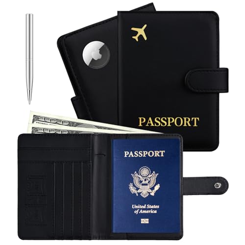 Passport Holder with Airtag Slot Cards Cash Air Ticket Pocket, Travle Gifts for Women Men RFID Blocking Wallet, Passport Book Cover Case Black - color: Black