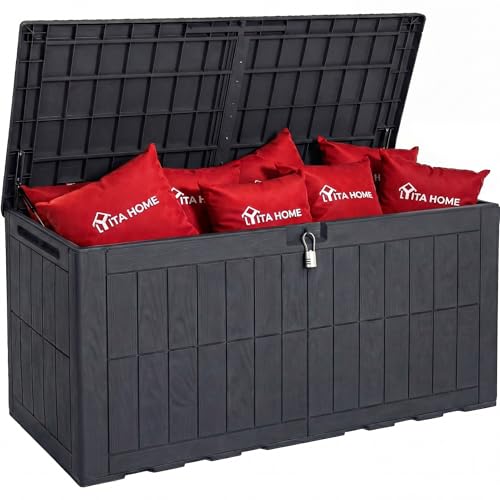 YITAHOME 134 Gallon Large Deck Box, Waterproof Resin Outdoor Storage Box with Lock, Doubles as 2-Person Bench Seating for Patio Furniture Cushions,Garden Tools & Pool Accessories, Dark Gray - color: Dark Gray, size: 134 Gallon