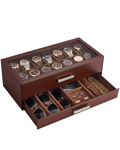 ProCase 14-Slot Watch Box, 2-Tier Pull-Out Drawers Display Case for Men with Clear Top Lid, Watches Jewelry Sunglass Storage Holder Organizer for Husband Dad, Gift Choice for Father's Day -Espresso - color: Espresso, size: 14-Slot