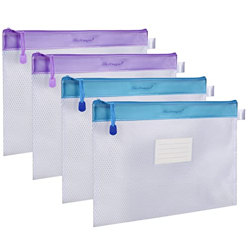 Wisdompro Zipper Pouch, 4 Packs Durable Letter Size Waterproof Mesh File Bag, Document Organizer - Blue/Purple - color: Blue/Purple