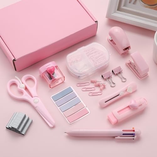 Pink Mini Office Supply Kit Mini School Supplies Desk Accessory Set Includes Mini Stapler Pencil Sharpener Staple Remover Hole Punch Ballpoint Pen Scissor Box Cutter Paper Clips Sticky Index Tabs - color: Pink