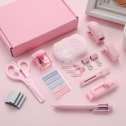 Pink Mini Office Supply Kit Mini School Supplies Desk Accessory Set Includes Mini Stapler Pencil Sharpener Staple Remover Hole Punch Ballpoint Pen Scissor Box Cutter Paper Clips Sticky Index Tabs - color: Pink
