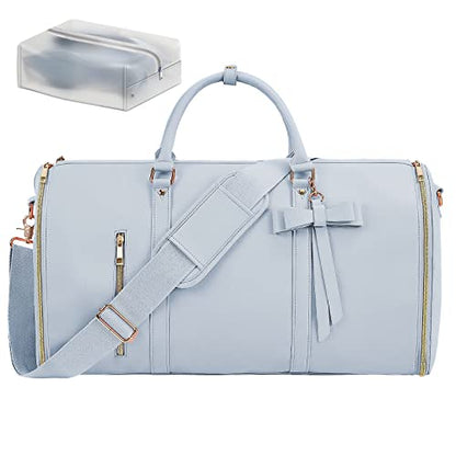 Garment Bags for Travel, Convertible Suit Travel Bag for Women, Stylish Carry On Garment Bag with Toiletry Pocket, Shoulder Strap and Shoes Compartment, 2 in 1 Foldable PU Leather Duffle Bag, Blue - color: Blue