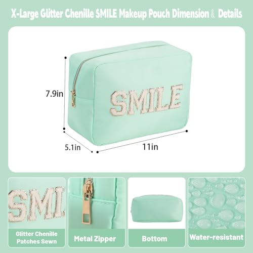 Beach Vacation Essentials Large Makeup Bag Chenille Glitter Cosmetic Pouch Travel Toiletry Kit Bag for Women (XL,Mint-Smile) - color: Mint-Smile, size: XL