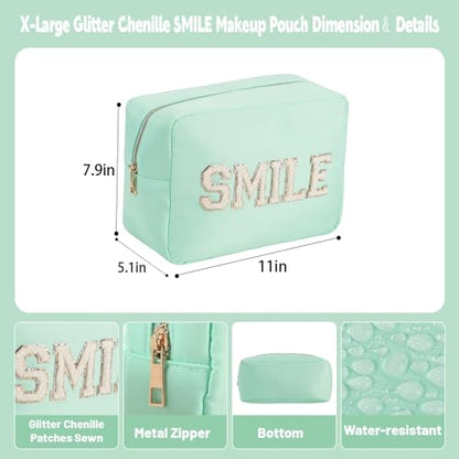Beach Vacation Essentials Large Makeup Bag Chenille Glitter Cosmetic Pouch Travel Toiletry Kit Bag for Women (XL,Mint-Smile) - color: Mint-Smile, size: XL