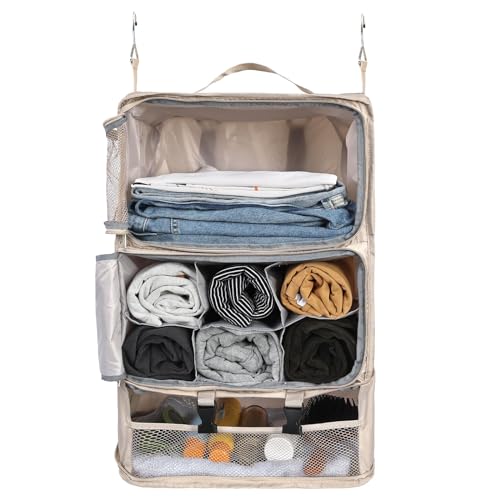 Surblue Hanging Shelves Travel Compression Packing Cube for Carry-on Luggage Suitcase Collapsible Transformable Garment Closet Organizers Large Capacity, Beige, XXL - color: Beige, size: XXL_14.96*11.47*22.83in