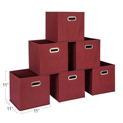 Household Essentials Foldable Fabric Storage Cubes 36-Pack – 11x11x11 Stackable Non-Woven Bins with Chipboard Sides & Grommet Handles – Closet, Shelf, Nursery, or Office Organizer – Burgundy - color: Burgundy, size: 11” L x 11” W x 11” H (Pack of 6)