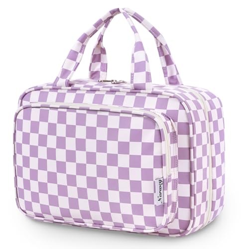 Narwey Travel Toiletry Bag for Women Large Hanging Makeup Bag Organizer Toiletries Bag for Full Size Essentials Accessories Cosmetics (Purple Checkerboard (Large)) - color: B-Purple Checkerboard, style: Large