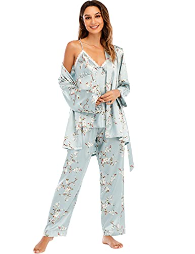 Escalier Women's Silk Satin Pajamas Set 3 Pcs Floral Silky Pj Sets Sleepwear Cami Nightwear with Robe and Pant - color: Blue Floral, size: Small