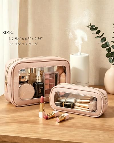 2Pcs Clear Makeup Bags Set - Portable Clear Cosmetic Bag Case Travel Makeup Brush Bag Waterproof Makeup Pouch TSA Approved Toiletry Bag Car Organizer Bag for Women (Dusty Pink Set) - color: Dusty Pink Set