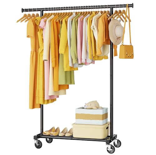 Clothes Rack for Hanging Clothes: Clothing Coat Garment Rolling Racks with Wheels Shelf Portable Closet Storage Organizer Wardrobe Strudy Metal Freestanding Laundry Room Bedroom Dress Shirt Jacket - color: Black, style: Single Rod