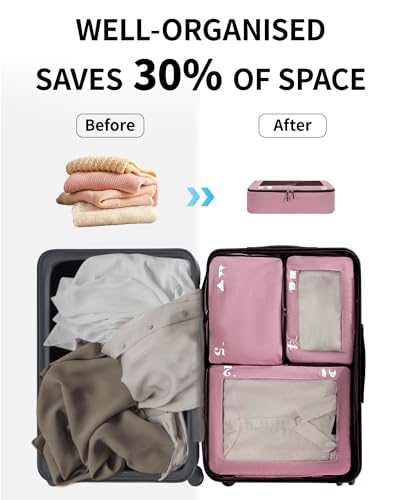 ECOHUB 7 Set Packing Cubes Tear-Resistant Luggage Packing Organizers with Number Icon for Travel Accessories Luggage Suitcase Machine Washable Packing Cubes (Pink) - color: Pink-No Compress, size: 7 Set Packing Cubes
