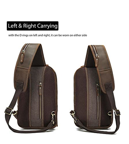 LANNSYNE Full Grain Leather Sling Bag For Men Crossbody Chest Daypack fits 10.5" iPad - color: Brown for 10.5" Ipad