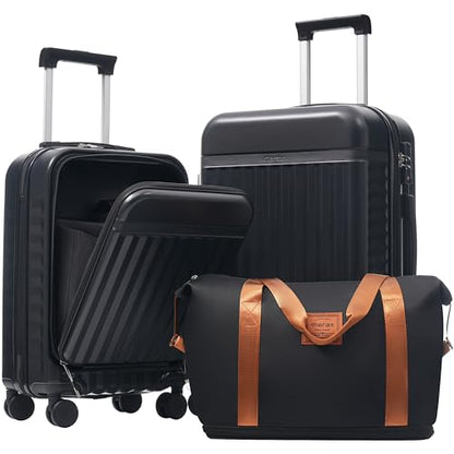 Merax Luggage Sets Front Opening, 2 Piece Hardshell Suitcase with Spinner Wheels and Bags,Lightweight Carry on Luggage with USB Port,20+24,Black - color: Black, size: 2 Piece(20+24+Bag）