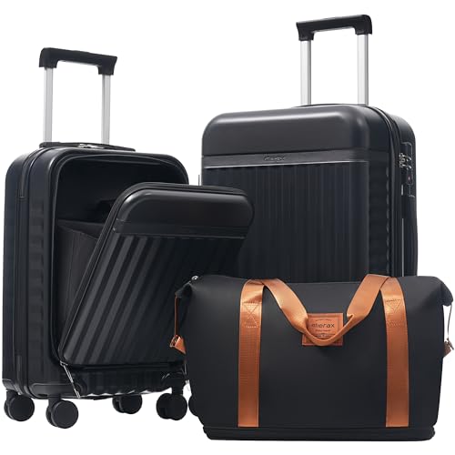 Merax Luggage Sets Front Opening, 2 Piece Hardshell Suitcase with Spinner Wheels and Bags,Lightweight Carry on Luggage with USB Port,20+24,Black - color: Black, size: 2 Piece(20+24+Bag）