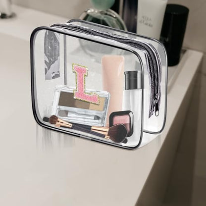 Clear Toiletry Bag,Portable Travel Toiletry Bag,Chenille Letter Cosmetic Bag with Zipper,Waterproof Makeup Bag,Cosmetic Storage Organizer for Women Men,Travel Essentials (Black,A) - size: A