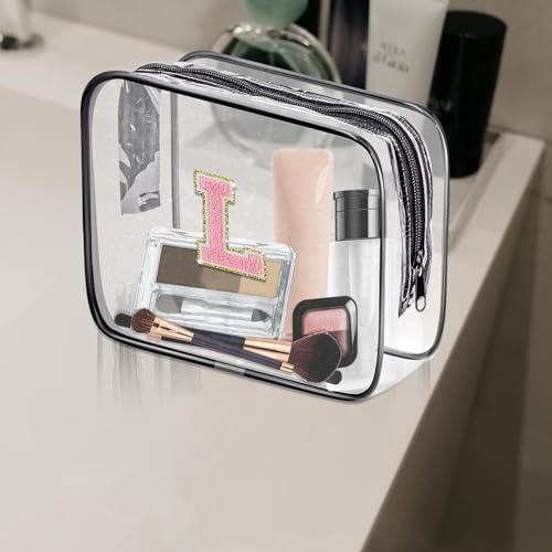 Clear Toiletry Bag,Portable Travel Toiletry Bag,Chenille Letter Cosmetic Bag with Zipper,Waterproof Makeup Bag,Cosmetic Storage Organizer for Women Men,Travel Essentials (Black,L) - size: L