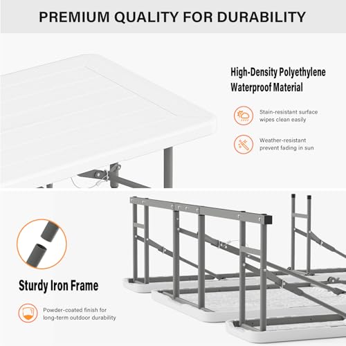 VINGLI Folding Picnic Table and Bench Set with Umbrella, Portable Outdoor Dining Furniture for Camping, Patio, Backyard, Wood Grain Plastic Top with Metal Frame - color: White, style: With Kaqi Umbrella