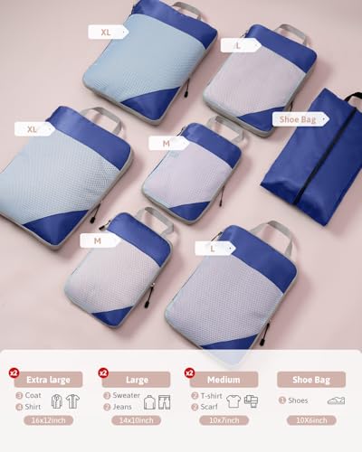 Meowoo 7 Set Compression Packing Cubes for Travel, Durable Ripstop Mesh Suitcase Organizer with Shoe Bag, Ultralight & Expandable Space Saver Travel Cubes - color: Blue