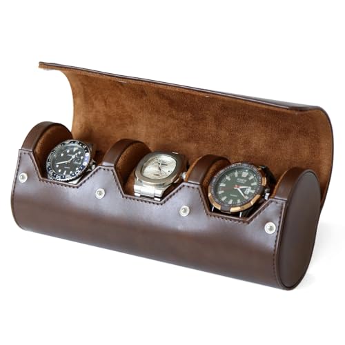 watch box organizer for mens watch case travel roll Portable 3 Watch Display Storage with Velvet Sections to Holder Large Watch (Dark Brown) - color: Dark Brown