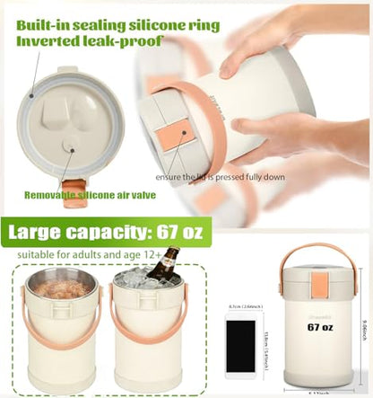 67oz/2L Thermo for Hot Food, 304 Stainless Vacuum Insulated Soup Thermo, Leakproof Thermal Lunch Box with 3 Stackable Bento Boxes & Leakproof Sauce Cups for Adults Office Travel Camping - White - color: Beige(simple version）