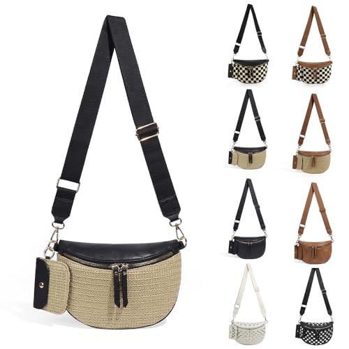 Checkered Crossbody Bag for Women Nylon Bum Bag Spacious Fanny Pack Adjustable Strap Lightweight Travel Everyday Purse Water Resistant Handbag (Woven Black) - color: Woven Black