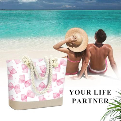Fokongna Tote Bag For Women, Beach Bag Best Friend Travel Birthday Gifts, Travel Parties Vacation Shopping Essentials - color: Gingham Pink Bows