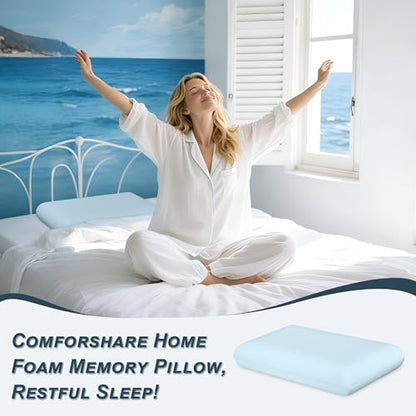 Blue Memory Foam Pillows Set of 2, Bed Pillows with Cooling Removable Cover, Neck Support for Back Stomach Side Sleepers, 2 Pack