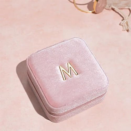 Vlando Small Travel Jewelry Box Organizer Display Case for Rings Earrings Necklaces Storage, Selected Soft Velvet, Letter M Engraved, Pink - color: b. Powder Pink M