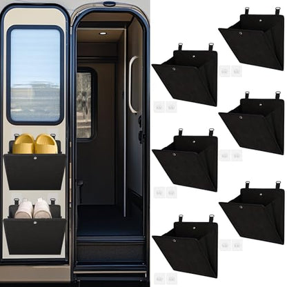 PUGPIU RV Camper Shoe Storage 6 Pack - Foldable Wall Mounted Shoe Rack Organizer - Self-Adhesive Rv Shoe Holder - Space Saving for Camper Essential Home Travel with Deep Pocket Fit 1 Pair Shoes, Black - size: 6