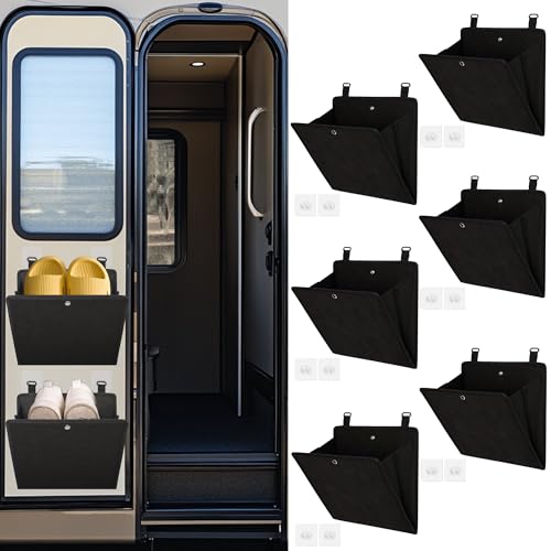 PUGPIU RV Camper Shoe Storage 6 Pack - Foldable Wall Mounted Shoe Rack Organizer - Self-Adhesive Rv Shoe Holder - Space Saving for Camper Essential Home Travel with Deep Pocket Fit 1 Pair Shoes, Black - size: 6