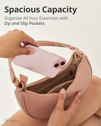 Vantamo Crescent Bags For Women with RFID Protection, Half Moon Clutch Purses for Women with Anti-Theft Clip for Extra Safety - color: Blush