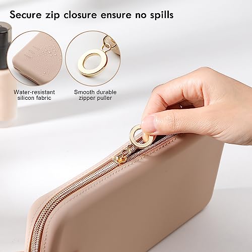 FVION Zipper Makeup Brushes Bag For Travel, Large Silicone Makeup Brush Holder, Make Up Brushes Pouch Case for Makeup Tools - Khaki - color: Khaki