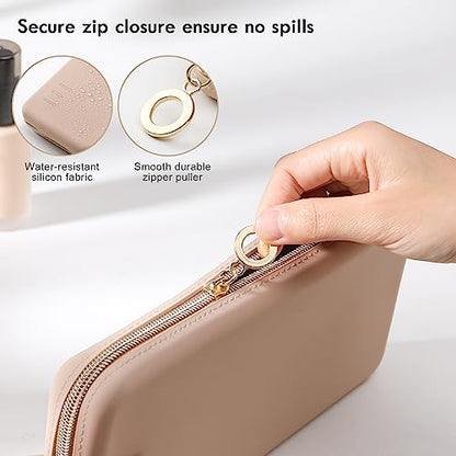 FVION Zipper Makeup Brushes Bag For Travel, Large Silicone Makeup Brush Holder, Make Up Brushes Pouch Case for Makeup Tools - Khaki - color: Khaki