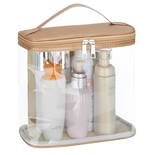 HAOGUAGUA Heavy Duty Leak Proof Clear Travel Bags for Toiletries, Transparent Makeup Cosmetic Bag with Zipper and Handle (1PCS GOLD, Large) - color: 1PCS GOLD