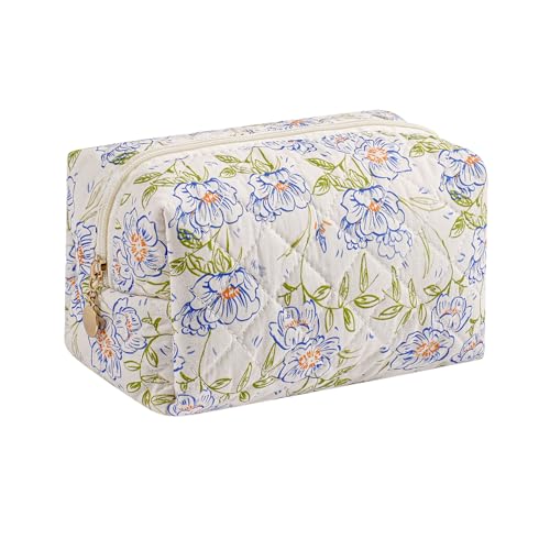 Makeup Bag Travel Cosmetic Bag for Women Girls, Zipper Make Up Pouch, Floral Flowers Toiletry Organizer Makeup, Portable Storage Cosmetic Travel Cloth Bag (Large Blue Flowers) - color: A6 Large Blue Flowers