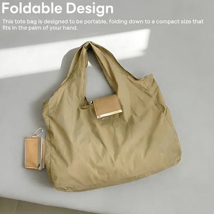 Foldable & Reusable Mini Handbag with Key Ring - Expandable Tote for Daily Errands and Travel - color: Coffee