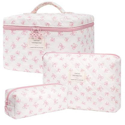 honitty Makeup Bag,Quilted Cosmetic Bags,Large Floral Make Up Organize bag,Makeup Bag Set for Women,Flower Travel Toiletry Bag - color: Bow-2