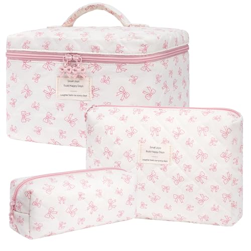 honitty Makeup Bag,Quilted Cosmetic Bags,Large Floral Make Up Organize bag,Makeup Bag Set for Women,Flower Travel Toiletry Bag - color: Bow-2