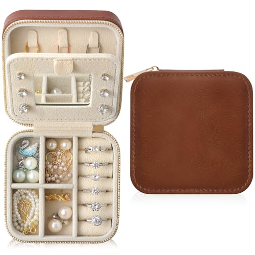 Genuine Leather Travel Jewelry Case Organizer with Mirror for Women, Small Jewelry Box Portable Mini Jewelry Case for Earring, Ring, Necklace, Bracelet（Milled Leather Brown） - color: Milled Grain Leather Brown