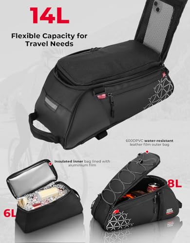 KEMIMOTO 8L Bike Bag with 6L Removable Cooler Bag, Bike Rear Rack Bag PVC Water Resistant Insulated Bag, Bicycle Trunk Pannier with Shoulder for Cycling Ebike Back Seat Storage - style: 13l