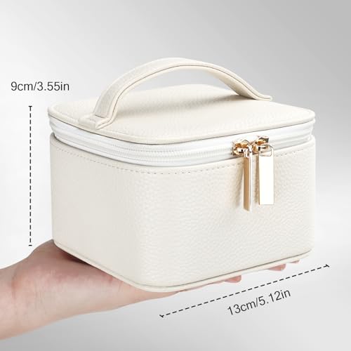DesignSter Small Jewelry Box, Travel Small Jewelry Organizer with Earring Tray and Ring Holder, Square Travel Jewelry Storage Case with 6 Velvet Jewelry Pouches, Beige - color: Beige