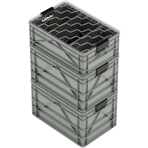 SIDIO CRATE Pro Pack - Two Full Size and One Half Size Heavy Duty Stackable Storage Bins, Totes and Containers with Lids and Dividers - Durable Organizer for Home, Office, Garage, and Outdoor Use - color: Aircraft