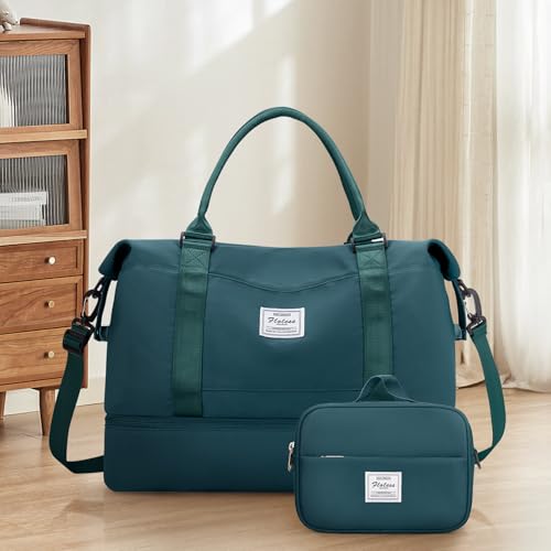 Weekender Bags for Women,Travel Duffle Overnight Bag with Shoe Compartment,Personal Item Carry On Bag,Gym Bag,3 Pcs Set - color: A-Peacock Blue-3Pcs-0022, size: Large