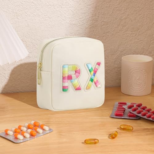 Small Nylon Rx Medicine Bag, Cute Waterproof Chenille Letter Patch Drug Makeup Bag with Metal Zipper, Pill Bag for Purse, Mini Travel First Aid Purse Organizer Machine Washable (08Beige RX) - color: 08Beige RX
