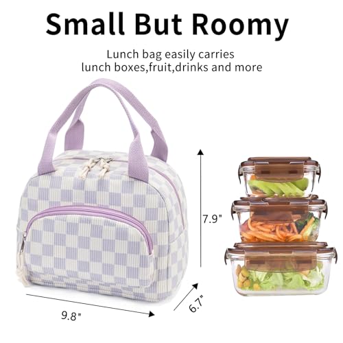 Lunch Bag Women Lunch Box for Women Adult Cute Insulated Lunch Bag Small Cooler Lunch Tote Bags for Work Picnic Travel(Beige-Purple Plaid) - color: Beige-Purple Plaid